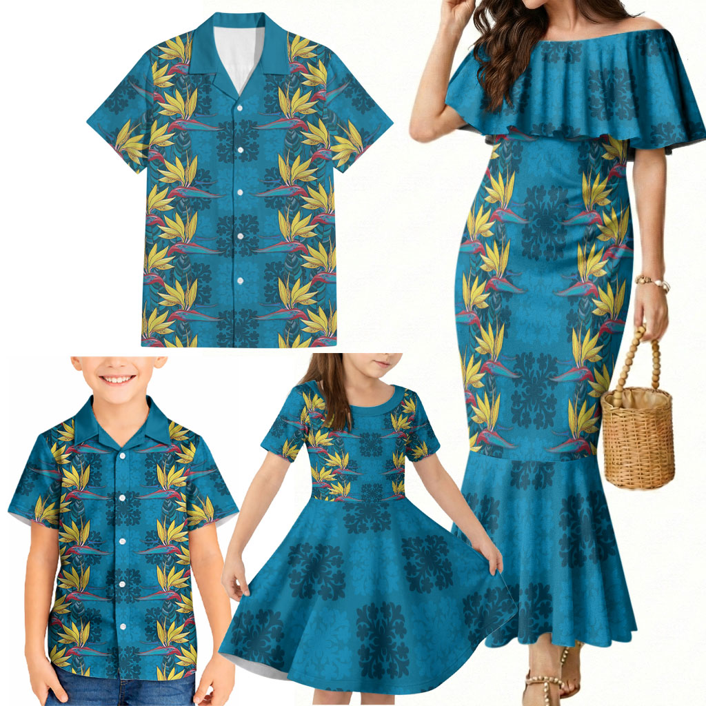 Hawaii Waikiki King Family Matching Mermaid Dress and Hawaiian Shirt Blue Quilt With Pua Manu