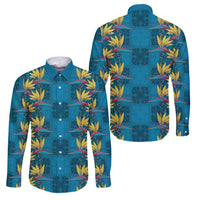 Hawaii Waikiki King Family Matching Off Shoulder Maxi Dress and Hawaiian Shirt Blue Quilt With Pua Manu LT05 Dad's Shirt - Long Sleeve Blue - Polynesian Pride