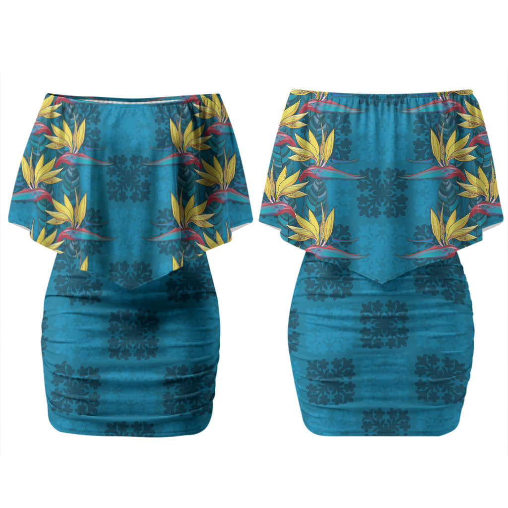 Hawaii Waikiki King Family Matching Off Shoulder Short Dress and Hawaiian Shirt Blue Quilt With Pua Manu LT05 Mom's Dress Blue - Polynesian Pride