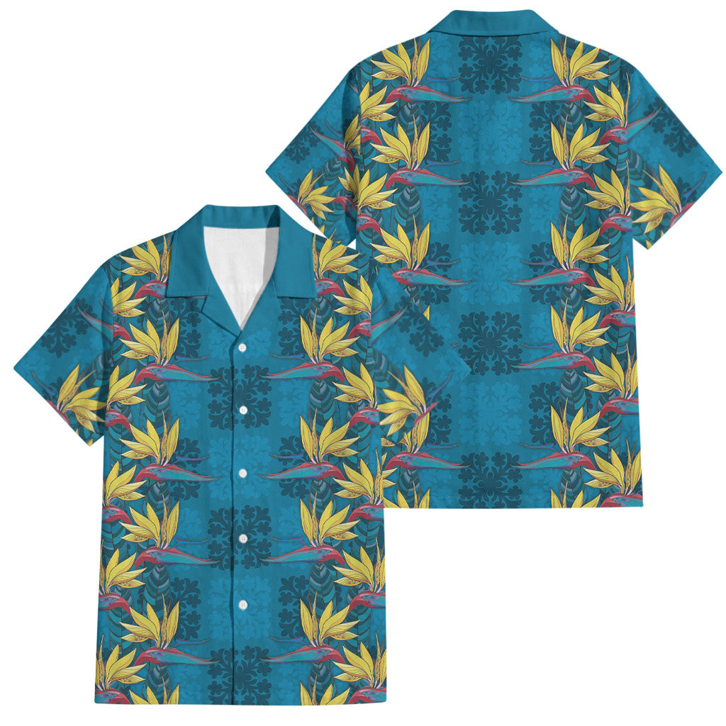 Hawaii Waikiki King Family Matching Off Shoulder Short Dress and Hawaiian Shirt Blue Quilt With Pua Manu LT05 Dad's Shirt - Short Sleeve Blue - Polynesian Pride