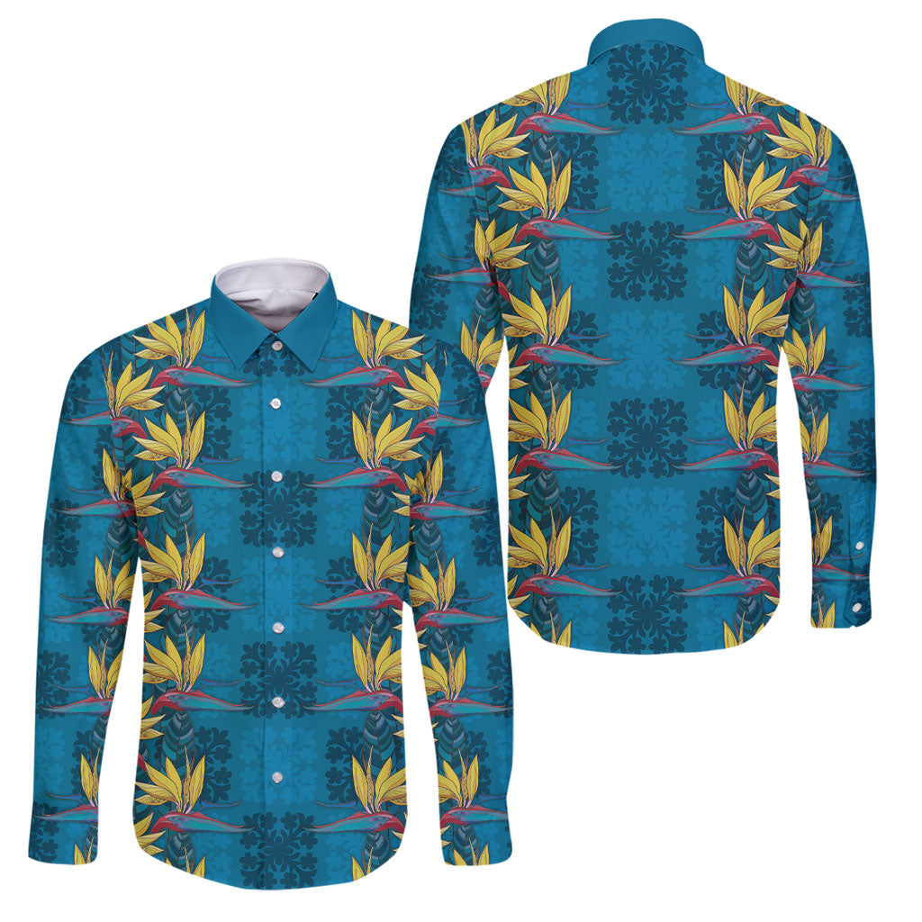 Hawaii Waikiki King Family Matching Off Shoulder Short Dress and Hawaiian Shirt Blue Quilt With Pua Manu LT05 Dad's Shirt - Long Sleeve Blue - Polynesian Pride