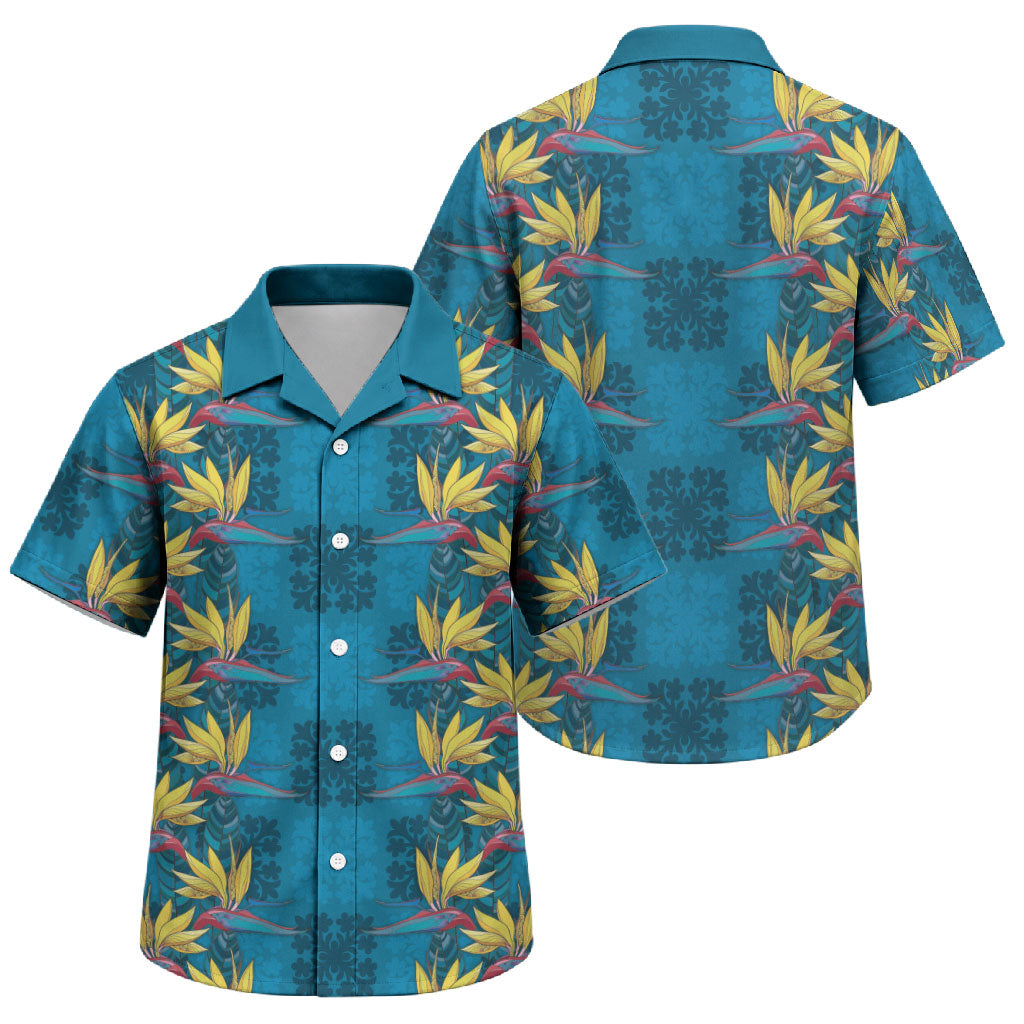 Hawaii Waikiki King Family Matching Off Shoulder Short Dress and Hawaiian Shirt Blue Quilt With Pua Manu LT05 Son's Shirt Blue - Polynesian Pride