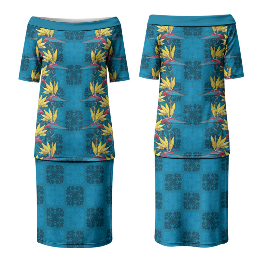 Hawaii Waikiki King Family Matching Puletasi and Hawaiian Shirt Blue Quilt With Pua Manu LT05 Mom's Dress Blue - Polynesian Pride