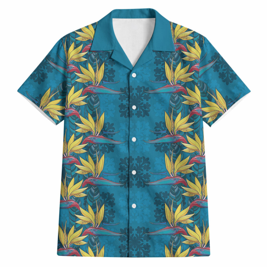 Hawaii Waikiki King Hawaiian Shirt Blue Quilt With Pua Manu