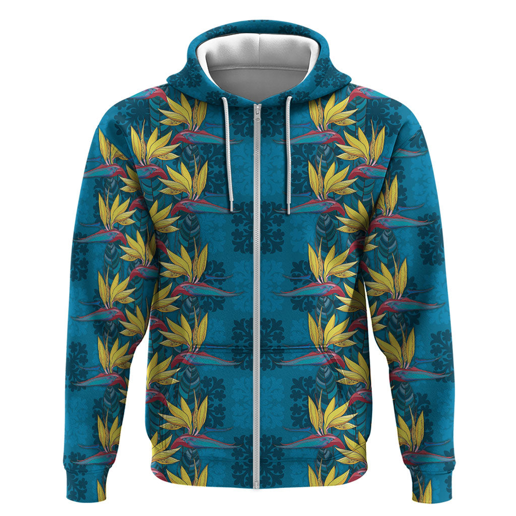 Hawaii Waikiki King Hoodie Blue Quilt With Pua Manu LT05 Zip Hoodie Blue - Polynesian Pride