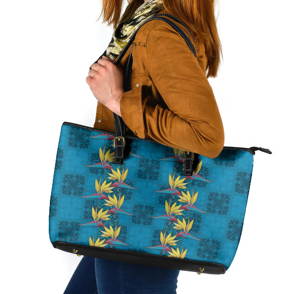 Hawaii Waikiki King Leather Tote Bag Blue Quilt With Pua Manu