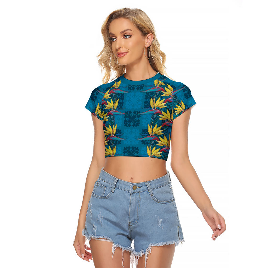 Hawaii Waikiki King Raglan Cropped T Shirt Blue Quilt With Pua Manu