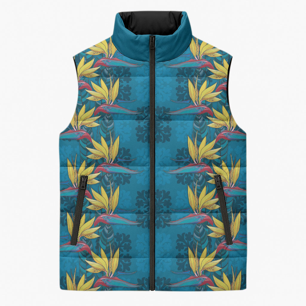 Hawaii Waikiki King Sleeveless Puffer Jacket Blue Quilt With Pua Manu
