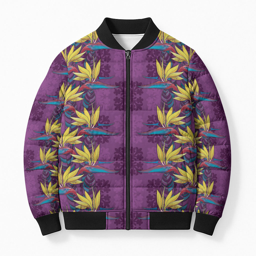 Hawaii Waikiki King Bomber Puffer Jacket Purple Quilt With Pua Manu