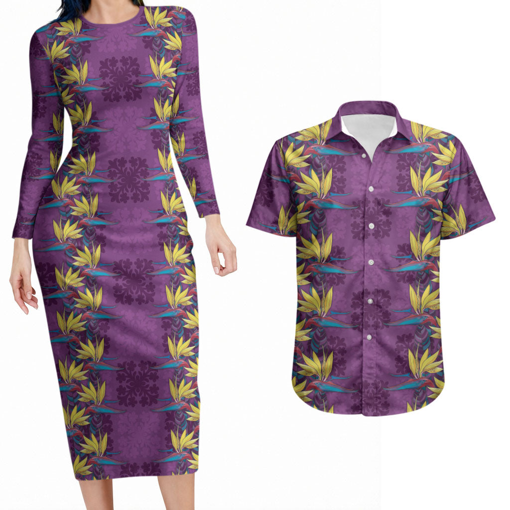 Hawaii Waikiki King Couples Matching Long Sleeve Bodycon Dress and Hawaiian Shirt Purple Quilt With Pua Manu
