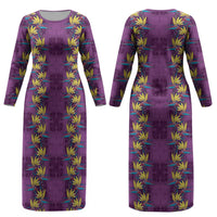 Hawaii Waikiki King Couples Matching Long Sleeve Bodycon Dress and Hawaiian Shirt Purple Quilt With Pua Manu LT05 - Polynesian Pride