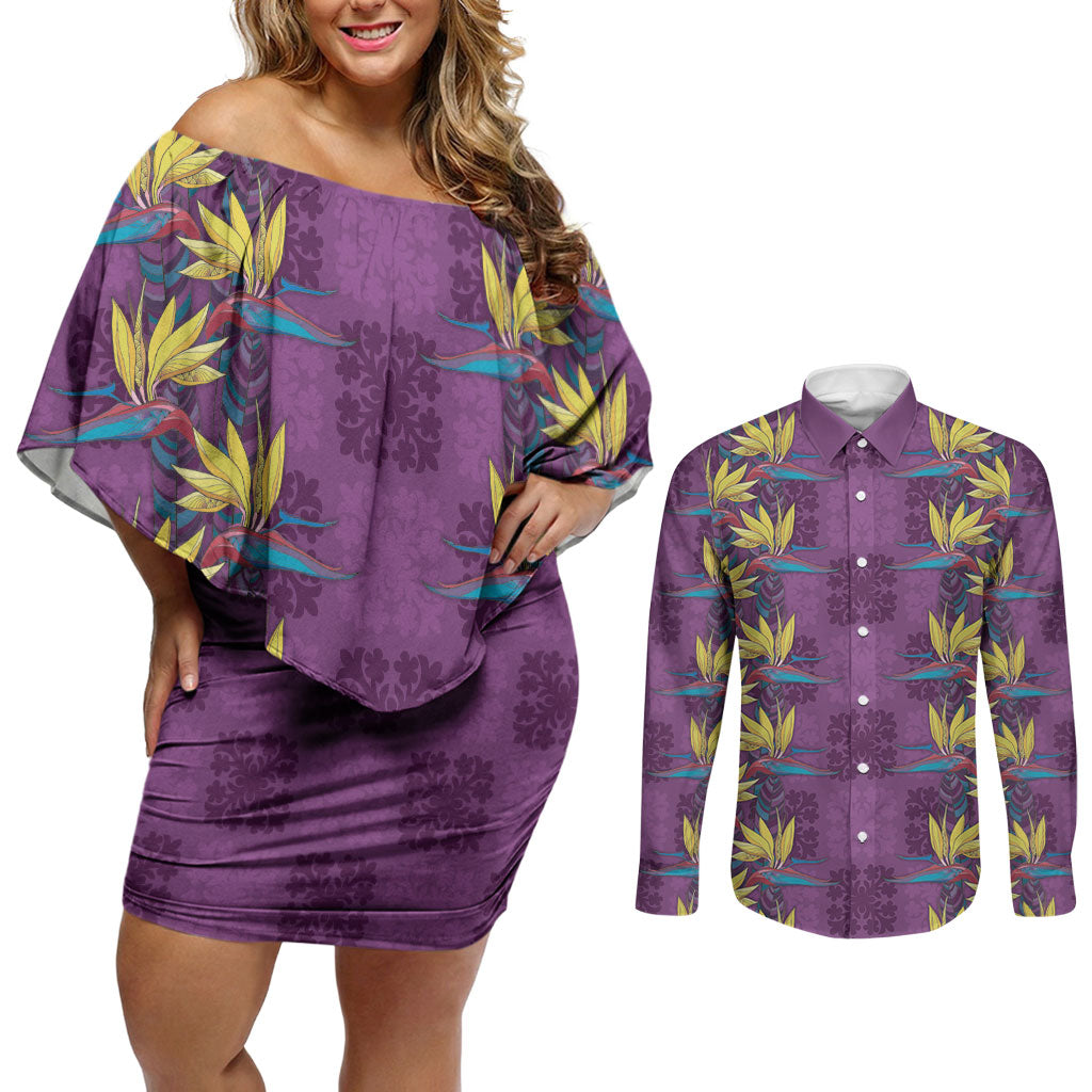 Hawaii Waikiki King Couples Matching Off Shoulder Short Dress and Long Sleeve Button Shirt Purple Quilt With Pua Manu