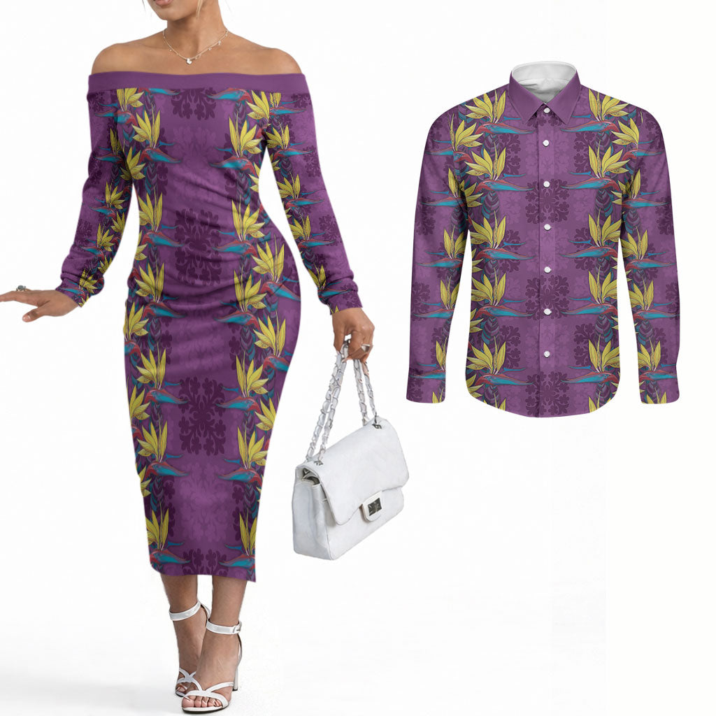 Hawaii Waikiki King Couples Matching Off The Shoulder Long Sleeve Dress and Long Sleeve Button Shirt Purple Quilt With Pua Manu
