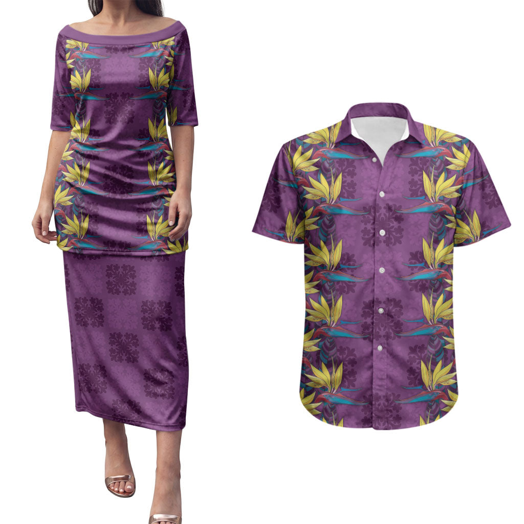 Hawaii Waikiki King Couples Matching Puletasi and Hawaiian Shirt Purple Quilt With Pua Manu