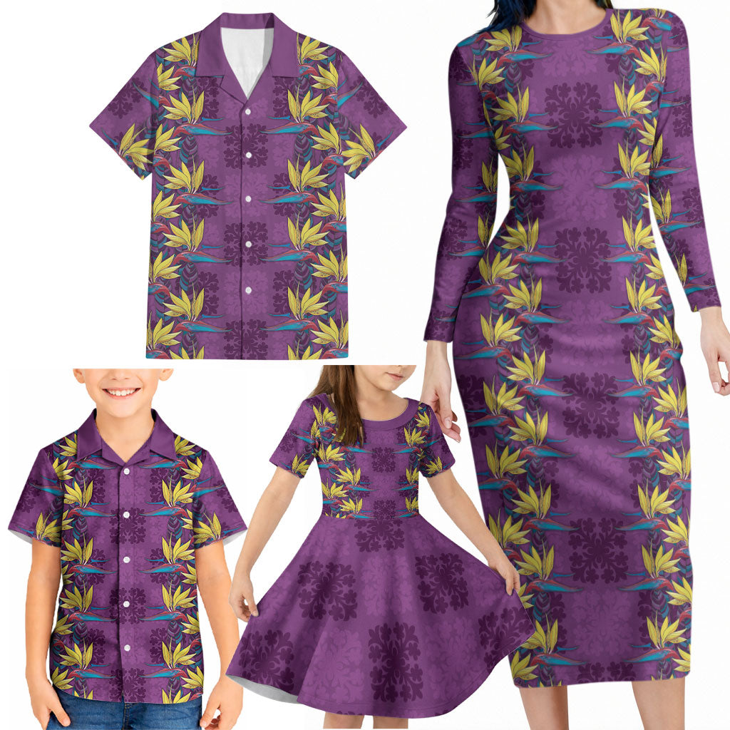 Hawaii Waikiki King Family Matching Long Sleeve Bodycon Dress and Hawaiian Shirt Purple Quilt With Pua Manu