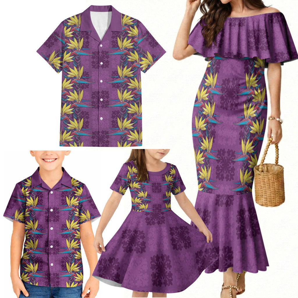 Hawaii Waikiki King Family Matching Mermaid Dress and Hawaiian Shirt Purple Quilt With Pua Manu