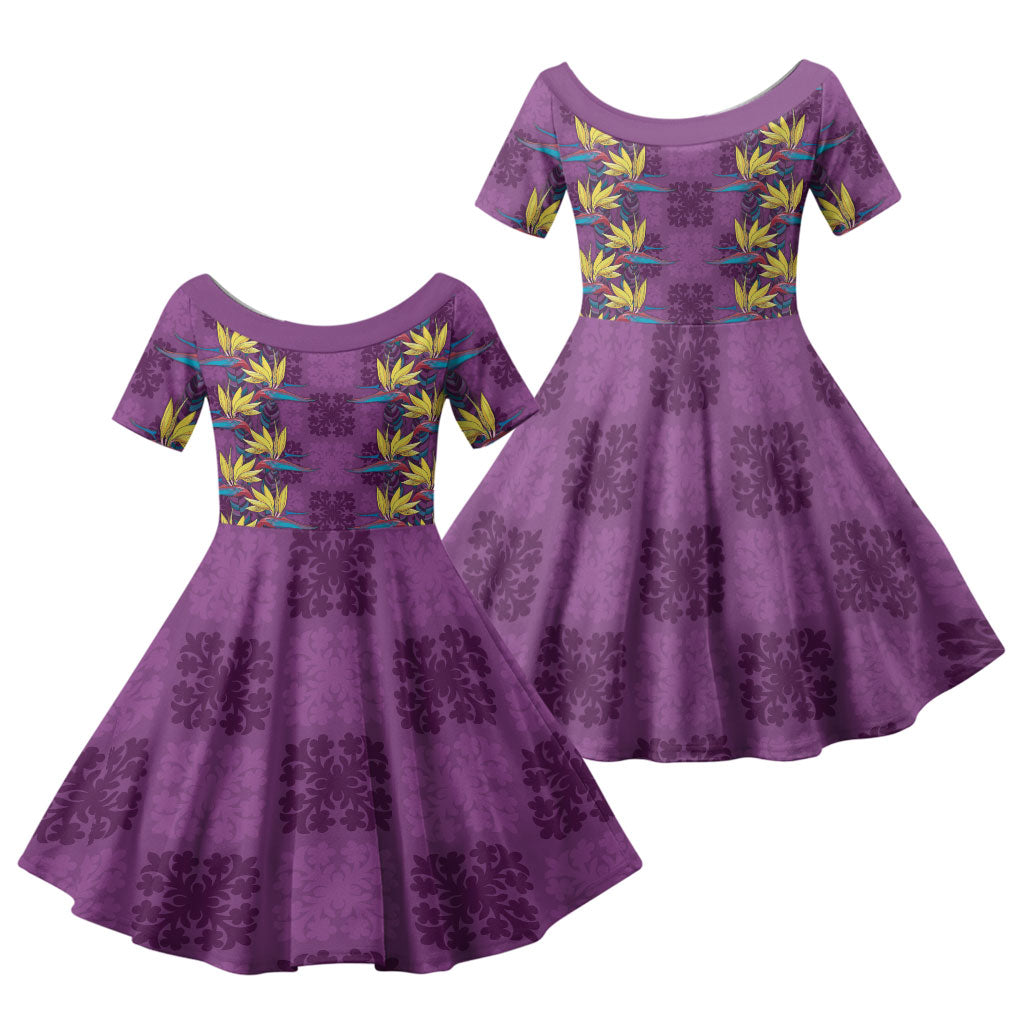 Hawaii Waikiki King Family Matching Off The Shoulder Long Sleeve Dress and Hawaiian Shirt Purple Quilt With Pua Manu LT05 Daughter's Dress Purple - Polynesian Pride