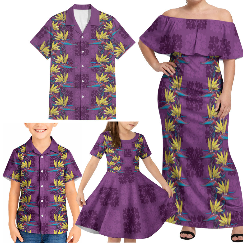 Hawaii Waikiki King Family Matching Off Shoulder Maxi Dress and Hawaiian Shirt Purple Quilt With Pua Manu