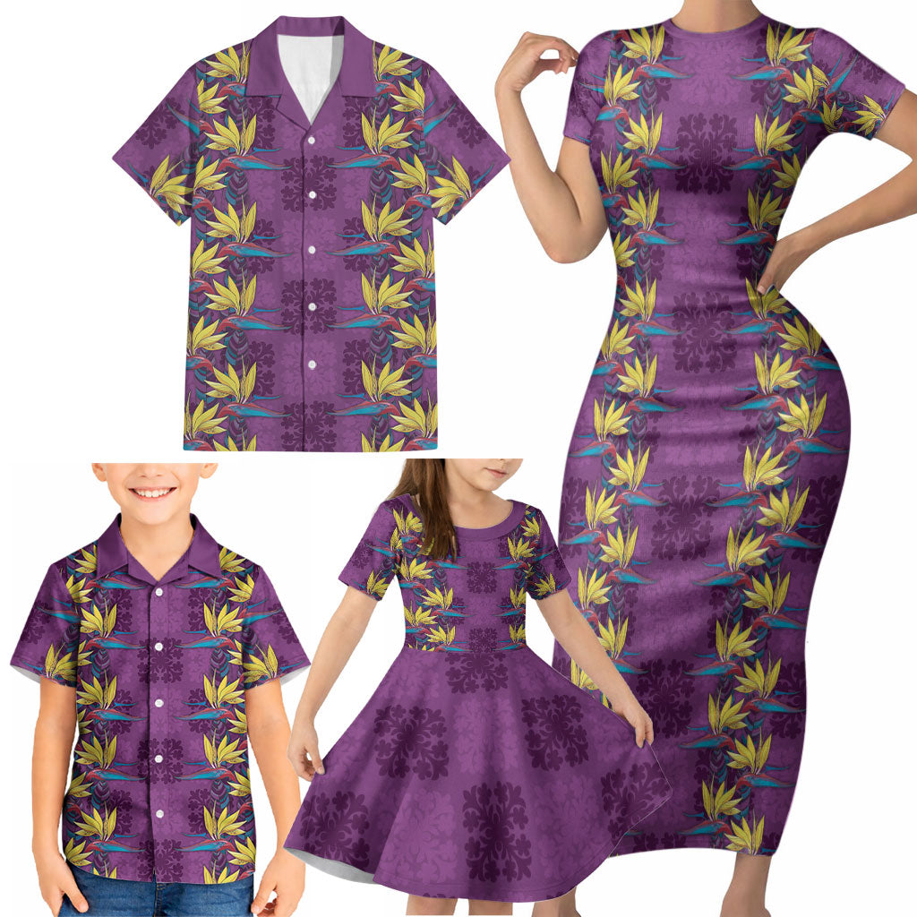 Hawaii Waikiki King Family Matching Short Sleeve Bodycon Dress and Hawaiian Shirt Purple Quilt With Pua Manu
