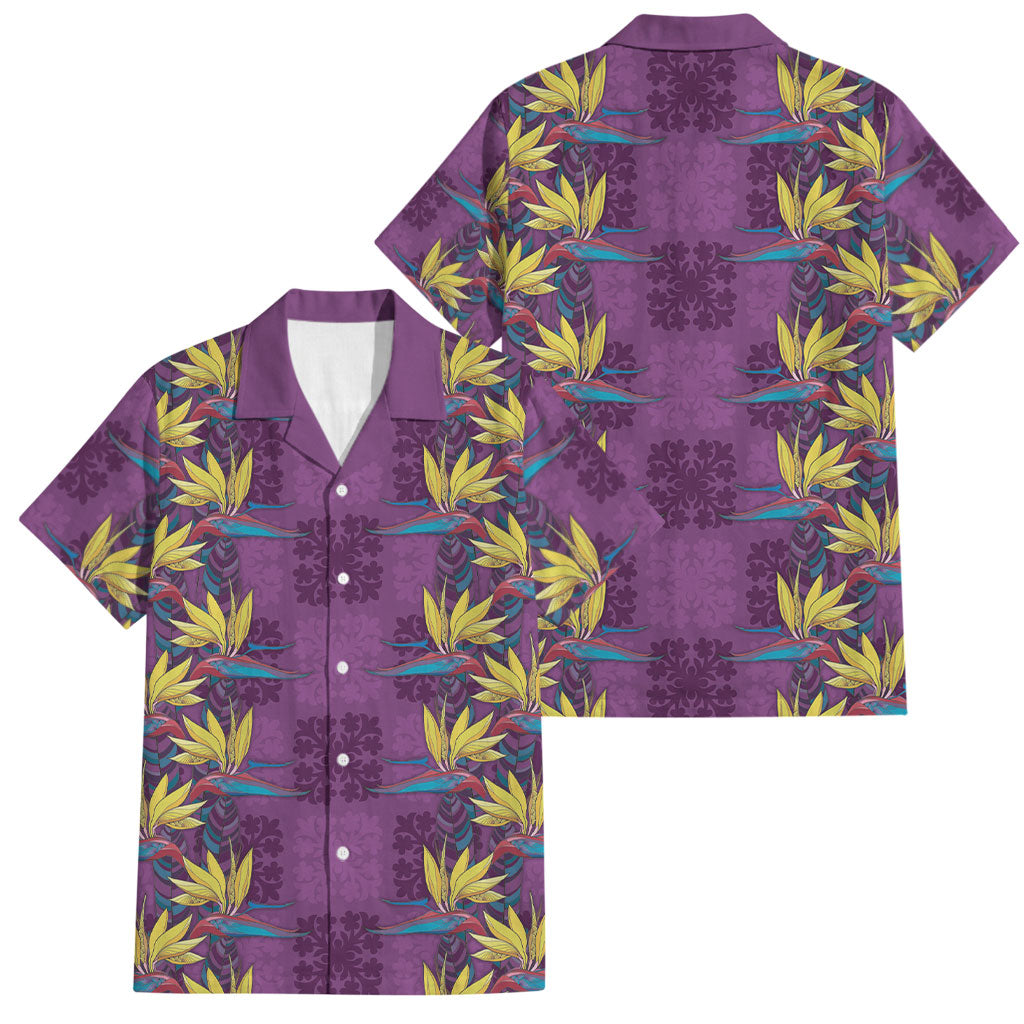 Hawaii Waikiki King Family Matching Summer Maxi Dress and Hawaiian Shirt Purple Quilt With Pua Manu LT05 Dad's Shirt - Short Sleeve Purple - Polynesian Pride