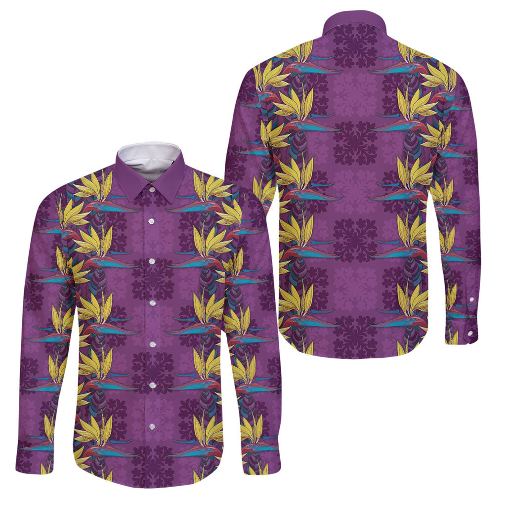 Hawaii Waikiki King Family Matching Summer Maxi Dress and Hawaiian Shirt Purple Quilt With Pua Manu LT05 Dad's Shirt - Long Sleeve Purple - Polynesian Pride