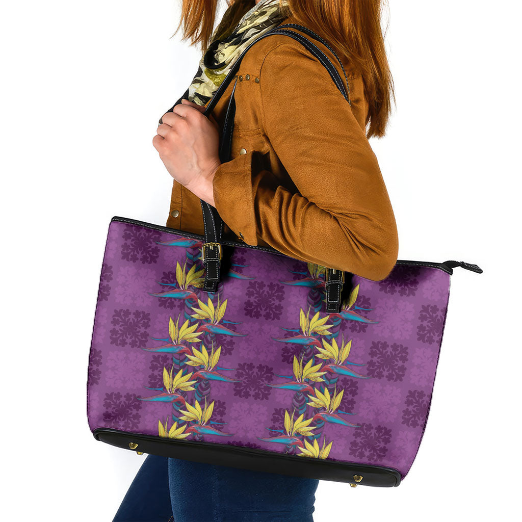 Hawaii Waikiki King Leather Tote Bag Purple Quilt With Pua Manu