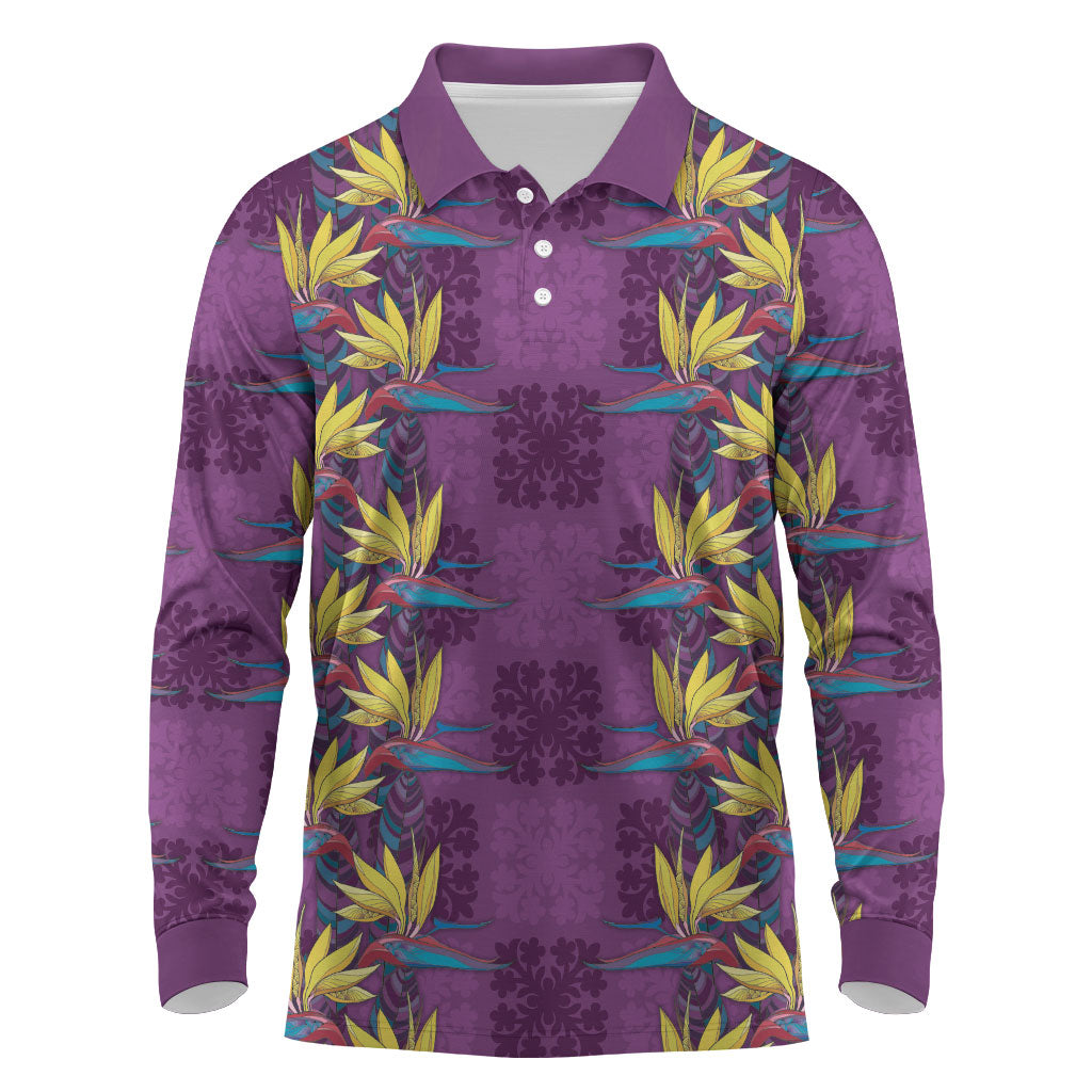 Hawaii Waikiki King Long Sleeve Polo Shirt Purple Quilt With Pua Manu
