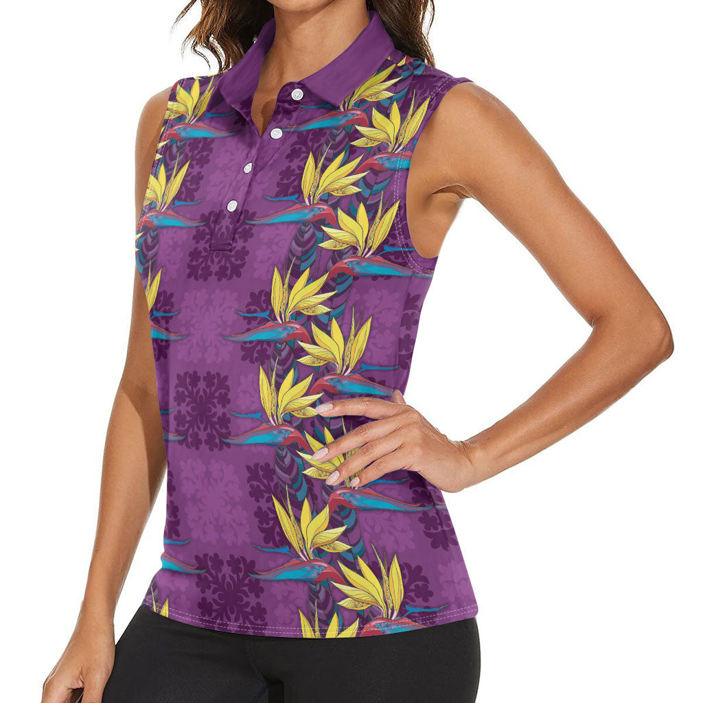 Hawaii Waikiki King Women Sleeveless Polo Shirt Purple Quilt With Pua Manu LT05 - Polynesian Pride