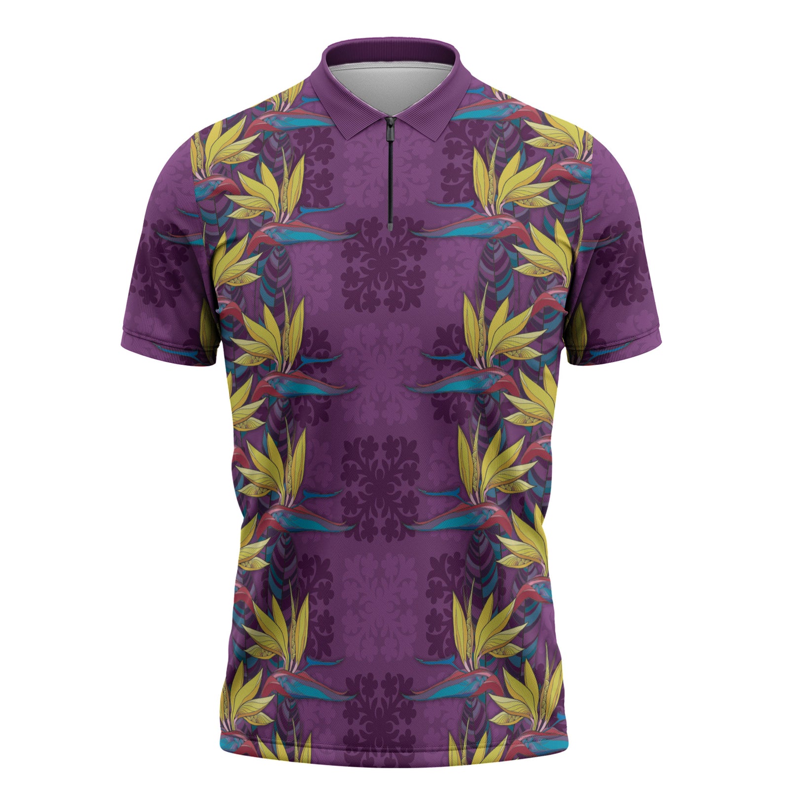 Hawaii Waikiki King Zipper Polo Shirt Purple Quilt With Pua Manu