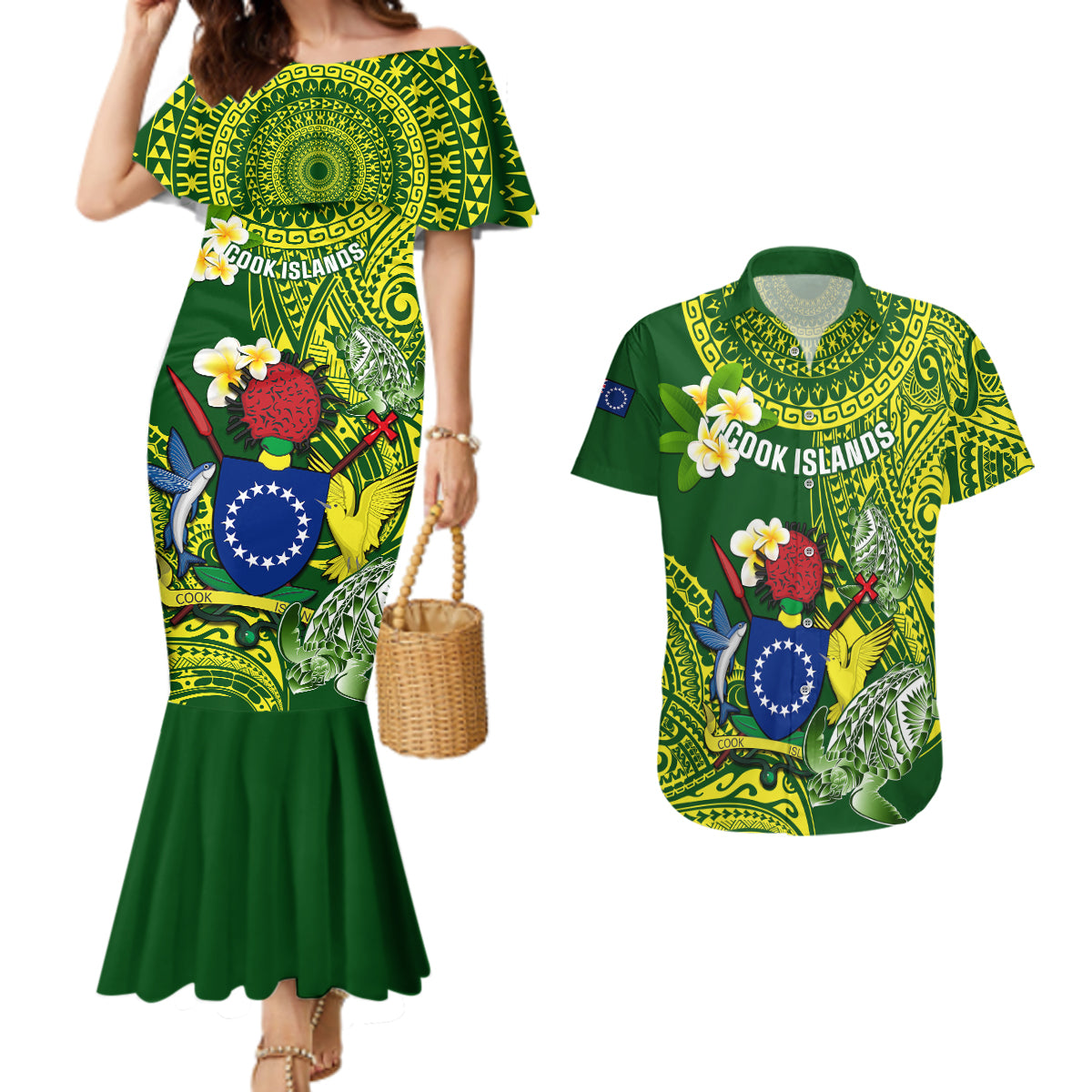 Personalized Cook Islands Couples Matching Mermaid Dress and Hawaiian Shirt Coat Of Arms Plumeria Polynesian Turtle LT05 Green - Polynesian Pride