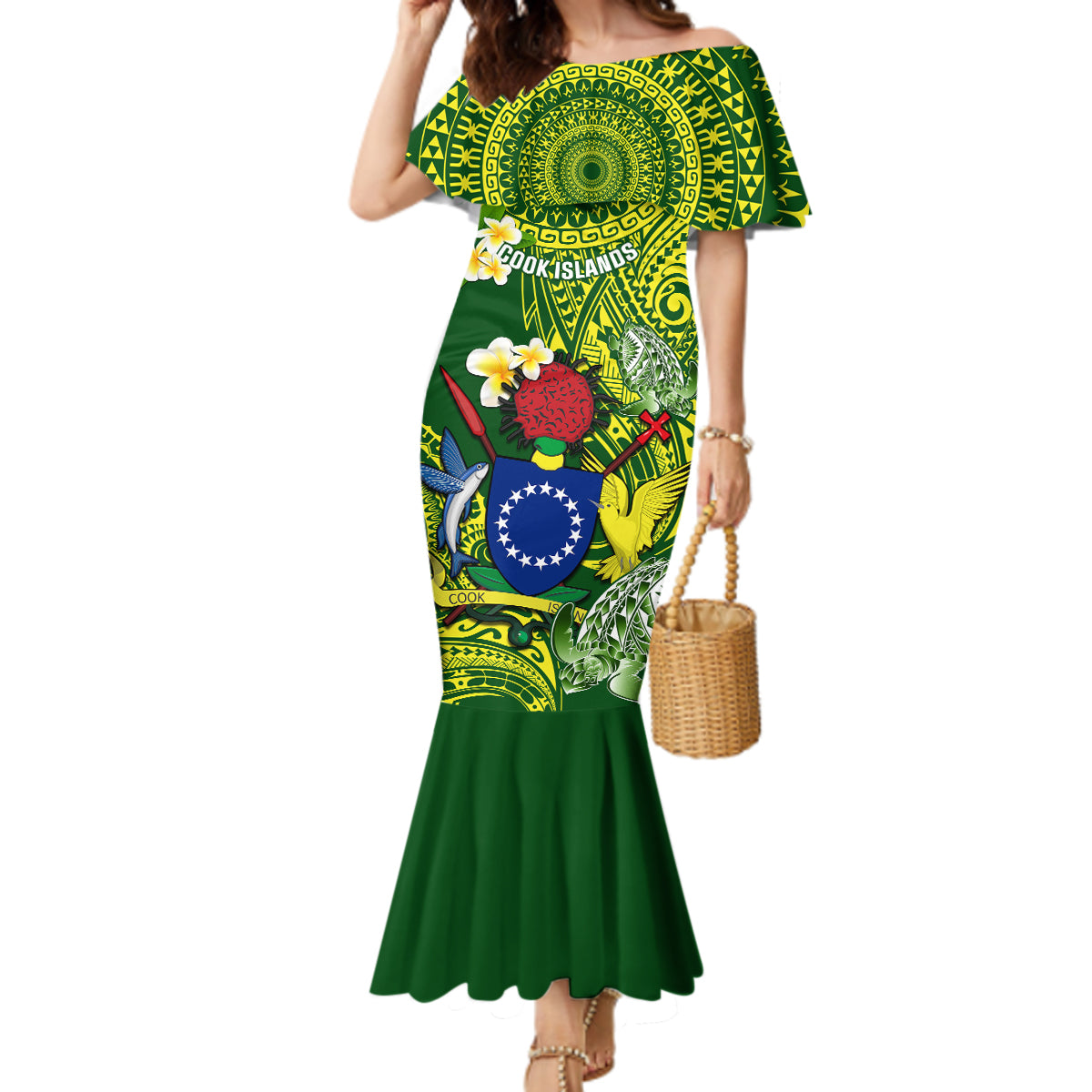 Personalized Cook Islands Mermaid Dress Coat Of Arms Plumeria Polynesian Turtle LT05 Women Green - Polynesian Pride