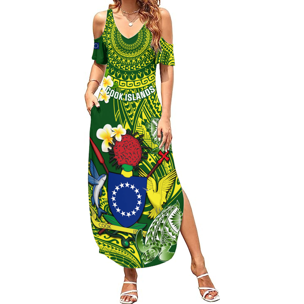 Personalized Cook Islands Summer Maxi Dress Coat Of Arms Plumeria Polynesian Turtle LT05 Women Green - Polynesian Pride