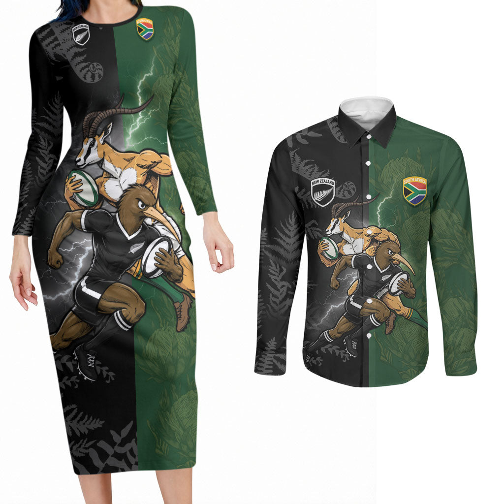 Custom South Africa And New Zealand Couples Matching Long Sleeve Bodycon Dress and Long Sleeve Button Shirt Springboks And Kiwis Rugby Rivalry