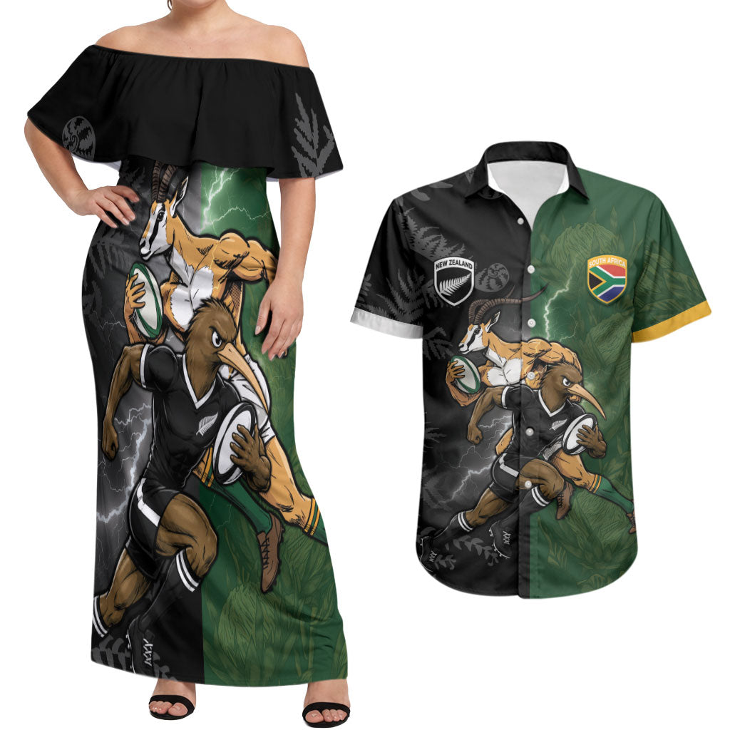 Custom South Africa And New Zealand Couples Matching Off Shoulder Maxi Dress and Hawaiian Shirt Springboks And Kiwis Rugby Rivalry