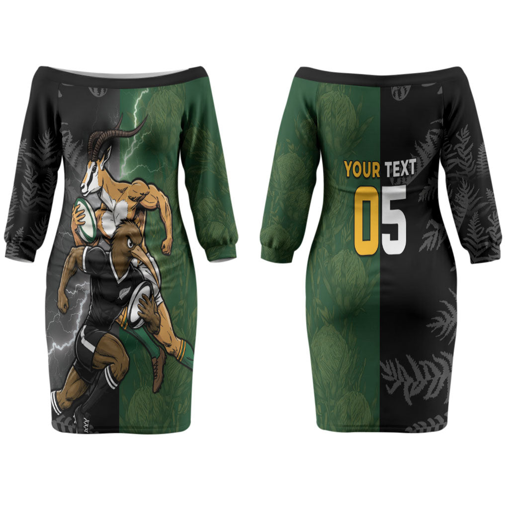 Custom South Africa And New Zealand Couples Matching Off The Shoulder Long Sleeve Dress and Hawaiian Shirt Springboks And Kiwis Rugby Rivalry
