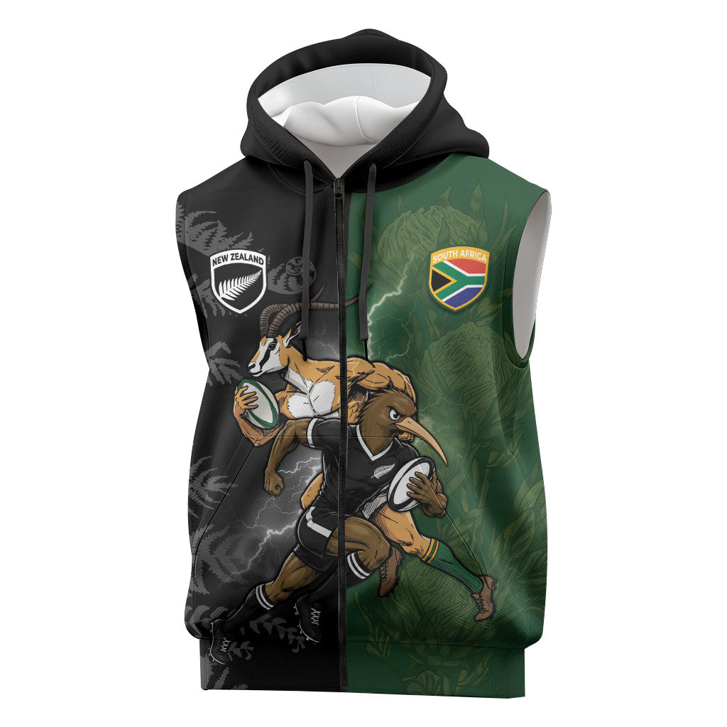 Custom South Africa And New Zealand Sleeveless Zip Hoodie Springboks And Kiwis Rugby Rivalry
