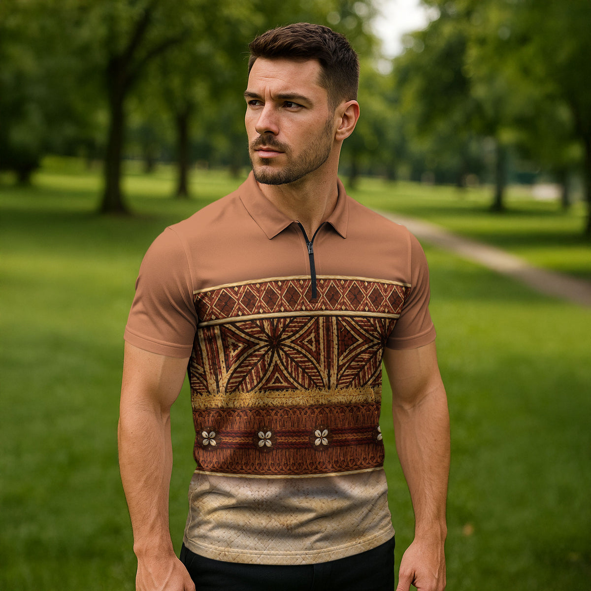 Polynesian Princess Inspired Cosplay Costume Zipper Polo Shirt Traditional Tapa Pattern