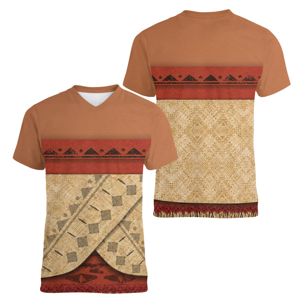 Island Elder Inspired Costume Women V-Neck T-Shirt Polynesian Tribal Pattern