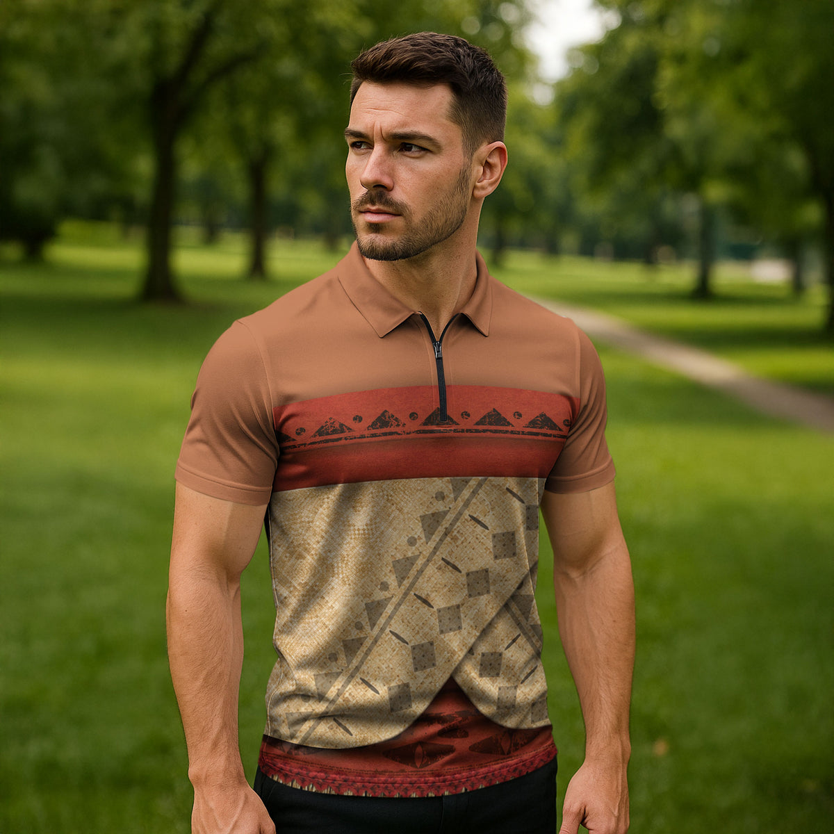 Island Elder Inspired Costume Zipper Polo Shirt Polynesian Tribal Pattern
