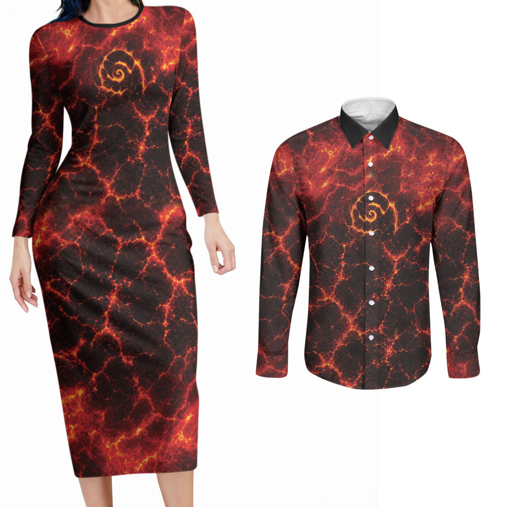 Lava Monster Costume Couples Matching Long Sleeve Bodycon Dress and Long Sleeve Button Shirt Fiery Lava Spiral