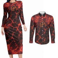 Lava Monster Costume Couples Matching Long Sleeve Bodycon Dress and Long Sleeve Button Shirt Fiery Lava Spiral