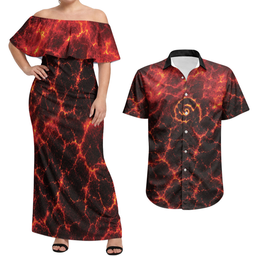 Lava Monster Costume Couples Matching Off Shoulder Maxi Dress and Hawaiian Shirt Fiery Lava Spiral
