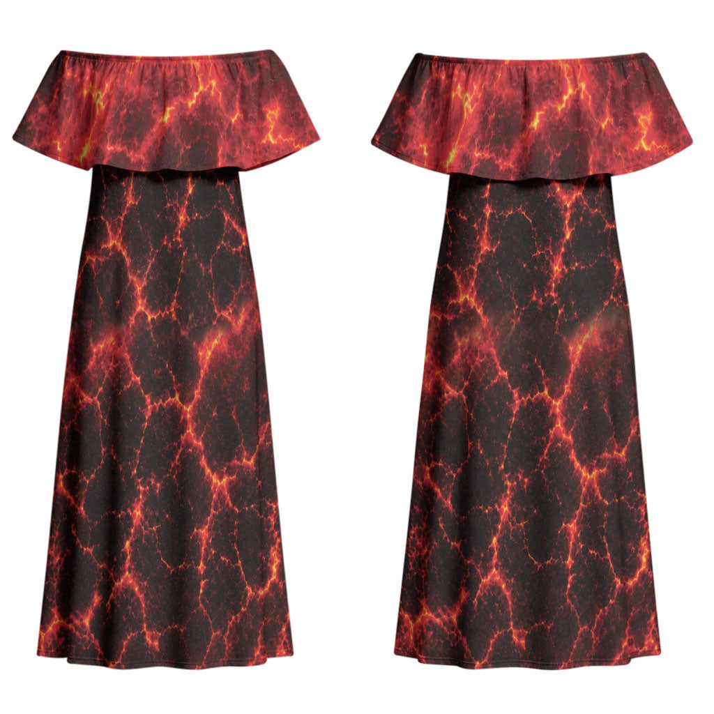 Lava Monster Costume Couples Matching Off Shoulder Maxi Dress and Hawaiian Shirt Fiery Lava Spiral