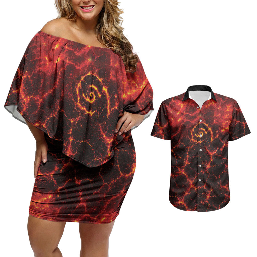 Lava Monster Costume Couples Matching Off Shoulder Short Dress and Hawaiian Shirt Fiery Lava Spiral