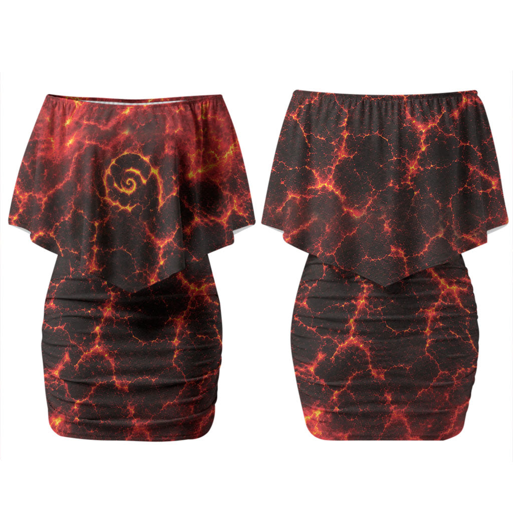 Lava Monster Costume Couples Matching Off Shoulder Short Dress and Long Sleeve Button Shirt Fiery Lava Spiral