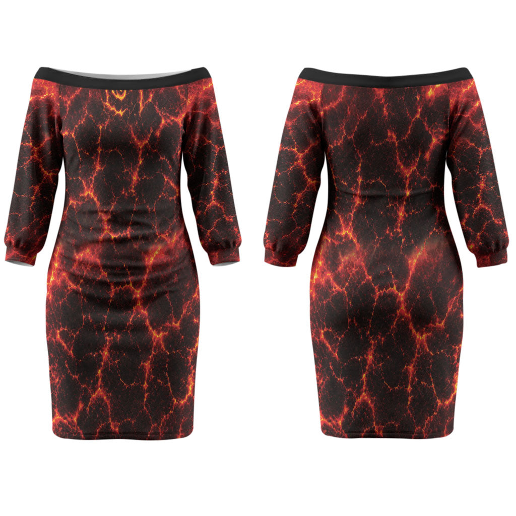 Lava Monster Costume Couples Matching Off The Shoulder Long Sleeve Dress and Hawaiian Shirt Fiery Lava Spiral