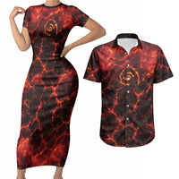 Lava Monster Costume Couples Matching Short Sleeve Bodycon Dress and Hawaiian Shirt Fiery Lava Spiral