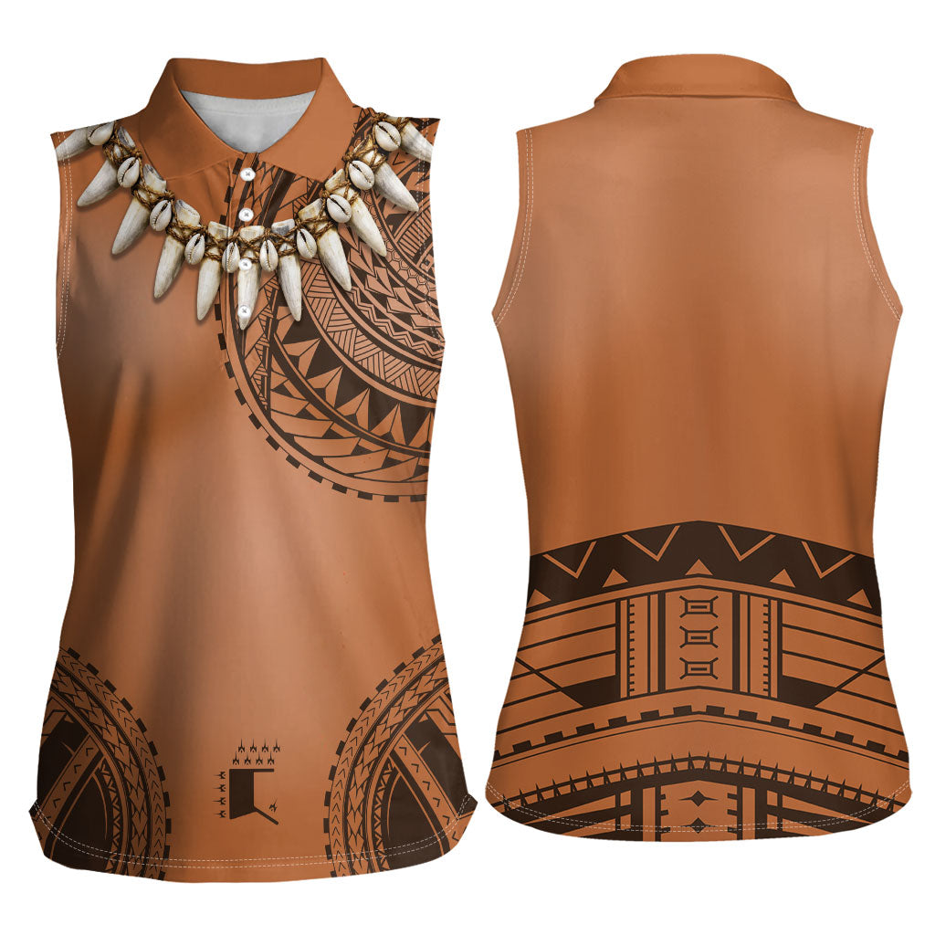Polynesian Chief Inspired Costume Women Sleeveless Polo Shirt Tribal Pattern With Tooth Necklace