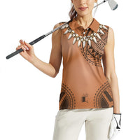 Polynesian Chief Inspired Costume Women Sleeveless Polo Shirt Tribal Pattern With Tooth Necklace