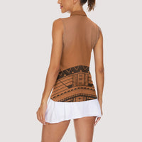 Polynesian Chief Inspired Costume Women Sleeveless Polo Shirt Tribal Pattern With Tooth Necklace